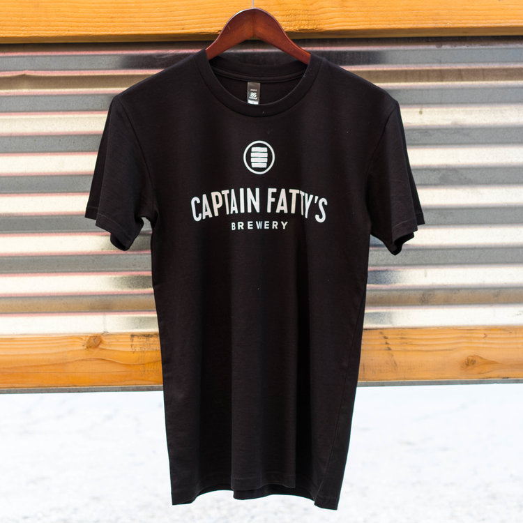 A black crew neck t-shirt with the Captain Fatty's barrel logo