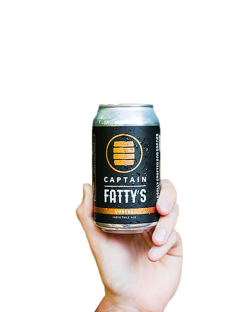 Hand holding a craft beer can with Captain Fatty's logo