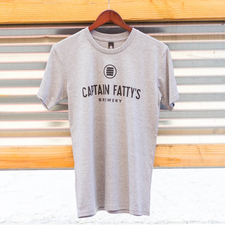 A grey crew neck t-shirt with the Captain Fatty's barrel logo