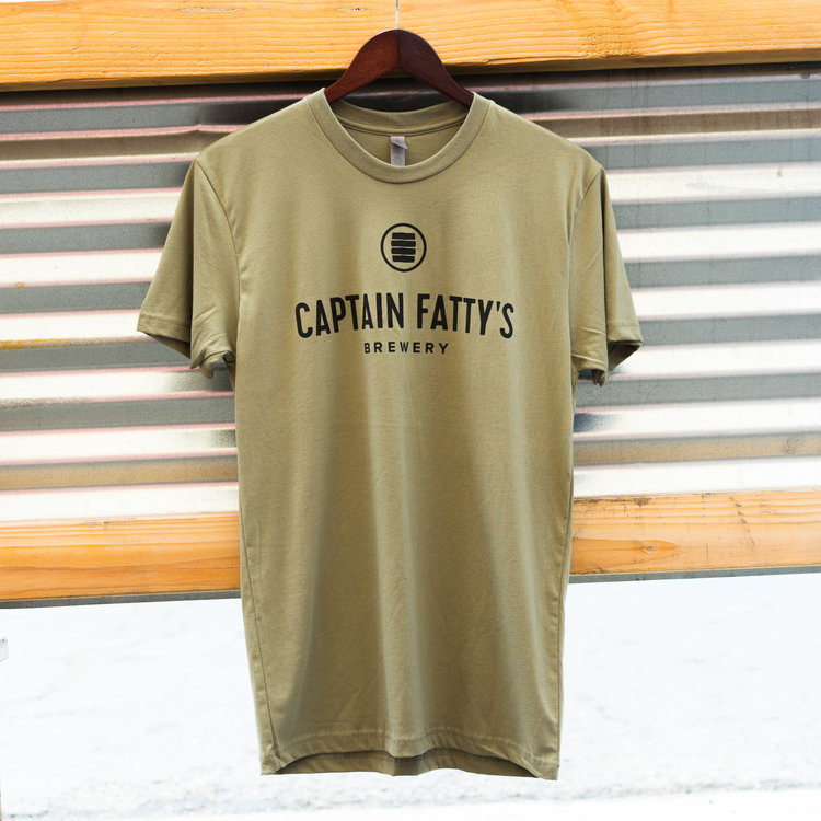 A olive crew neck t-shirt with the Captain Fatty's barrel logo